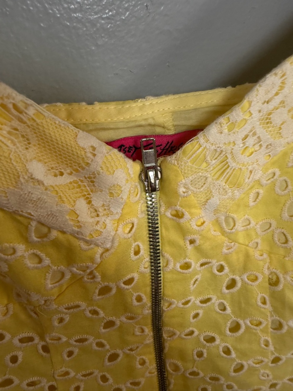 Betsey Johnson Yellow Eyelet Mini Dress Zip Front 8 - Picture 7 of 10